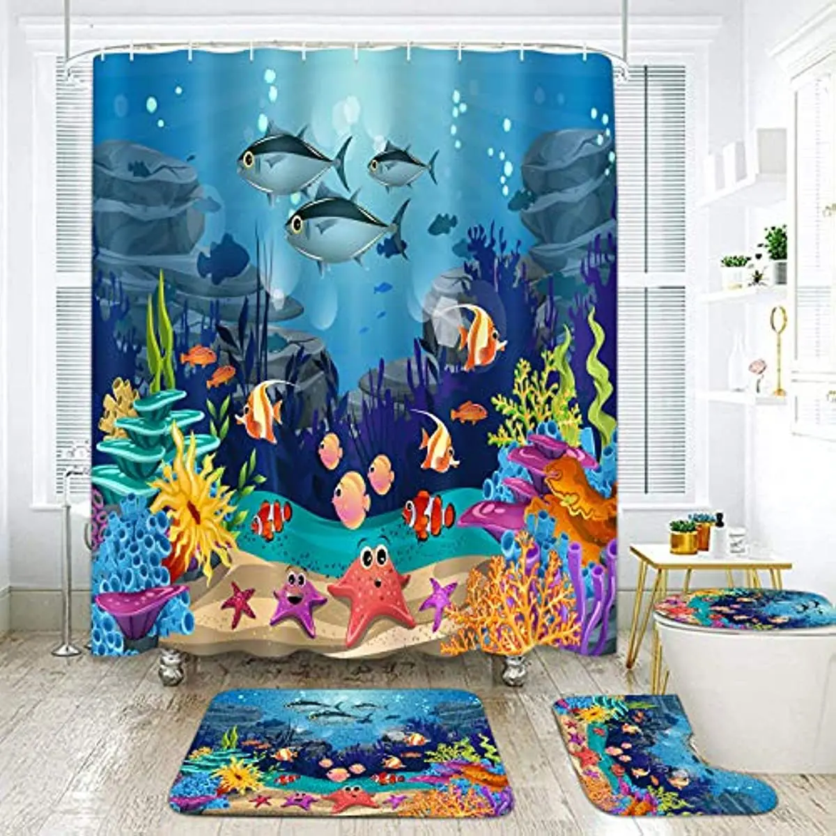 Seaside Bathroom Set With Shower Curtain And Rugs Blue Ocean with Fish Starfish Coconut Tree Rug Toilet Cover Bathroom Decor Set
Seaside Bathroom Set With Shower Curtain And Rugs Blue Ocean with Fish Starfish Coconut Tree Rug Toilet Cover Bathroom Decor Set