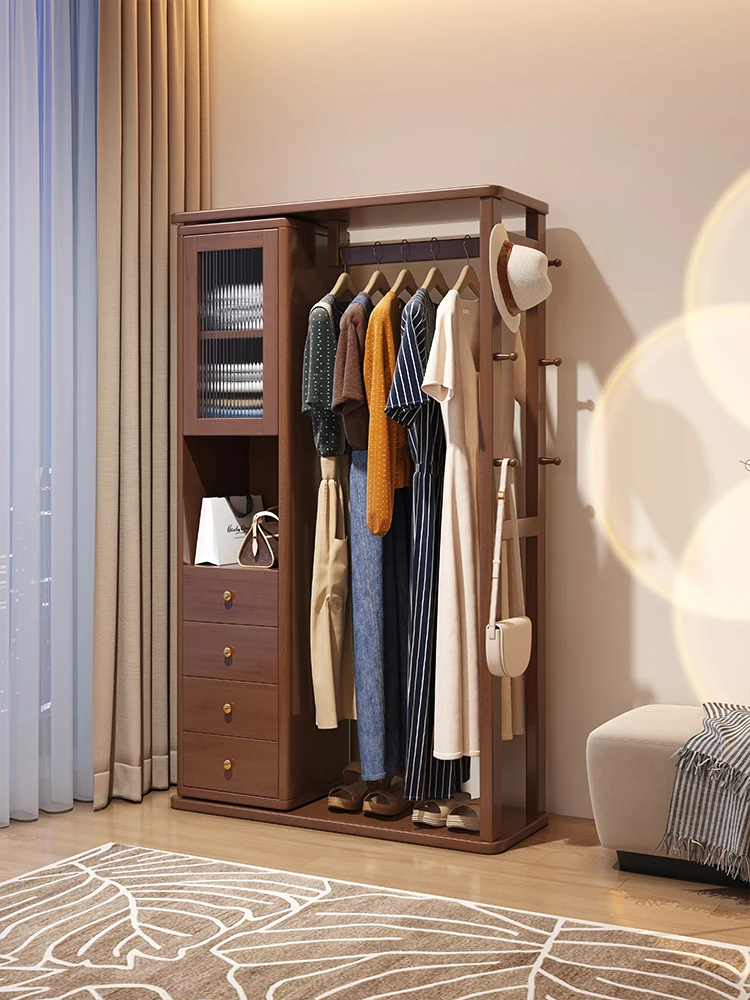 

Solid Wood Clothes Rack Floor-Standing Household Bedroom Multi-Functional Coat Rack Entrance Entrance Dressing Mirror Integrated