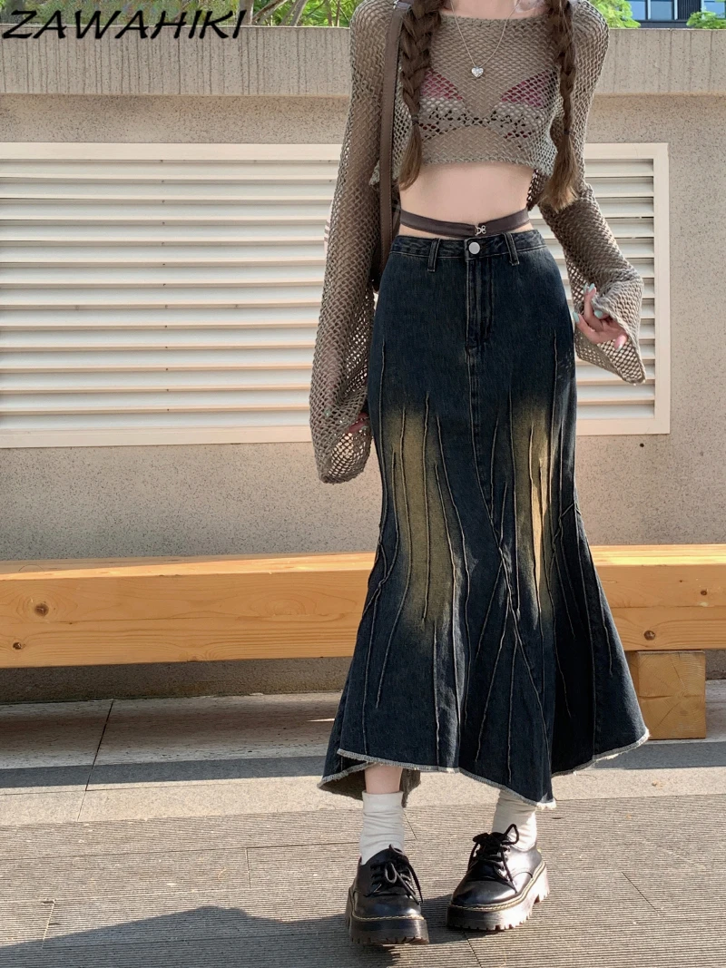 Vintage Distressed Frayed Summer Contrast Color Long Denim Skirt High Street A-line Chic Creative Designed Casual Faldas Mujer
Vintage Distressed Frayed Summer Contrast Color Long Denim Skirt High Street A-line Chic Creative Designed Casual Faldas Mujer