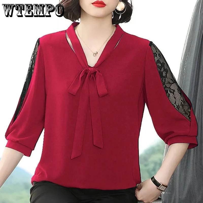 

WTEMPO Hollow Out Patchwork Three Quarter Sleeve V-Neck Chiffon Blouses Women Spring Summer Loose Casual Bow Breathable Tops