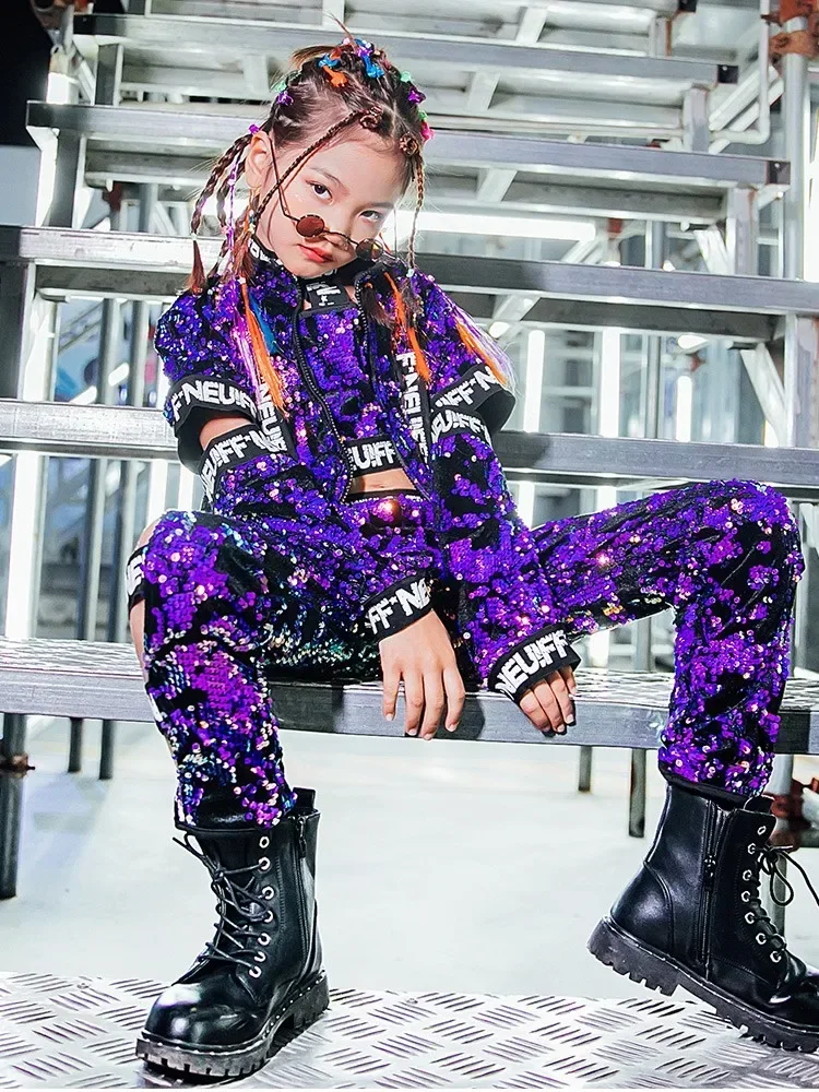 

Performance Clothing Stage Dancing Wear Flared Sleeve Clothes Girls Jazz Costume Children Purple Sequin Hip Hop Set Street Dance