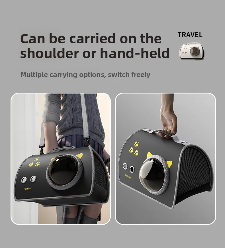 Cat Carrier Bag | Portable Space Capsule Pet Carrier Dual view showing the carrier being used as a shoulder bag with an adjustable strap and as a hand-held travel crate.