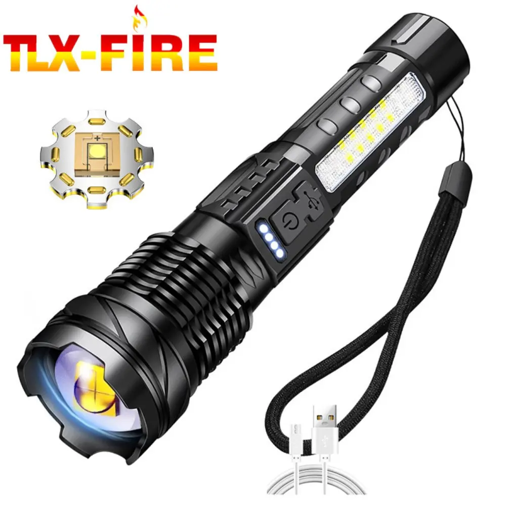 

New Powerful XHP50 LED Flashlight Waterproof Torch With Side Light 7 Modes Camping Fishing Lantern USB Rechargeable Zoom Lamp