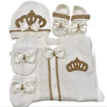 4pcs Take me Home Romper Set Baby Blanket Hat Gloves Shoes Set 39 week Pregnant Woman Photographyh Royal Crown Jewelry Suit