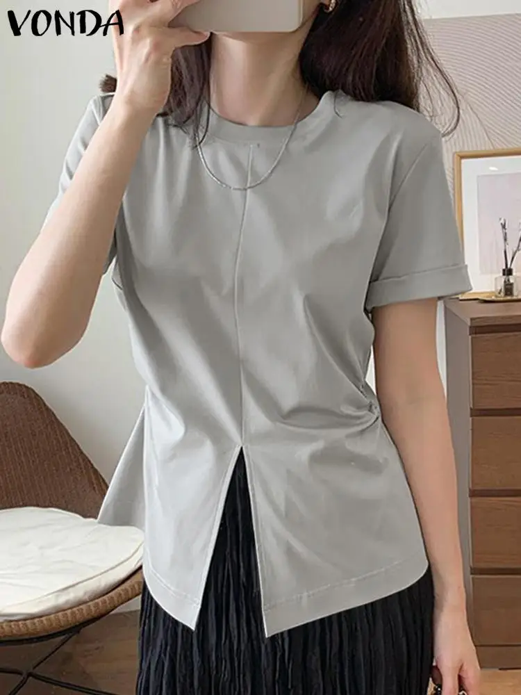 

Женская блузка с коротким рукавом 2024 VONDA летние топы Туника повседневные однотонные рубашки с разрезом элегантные модные блузы с круглым вырезом для женщин