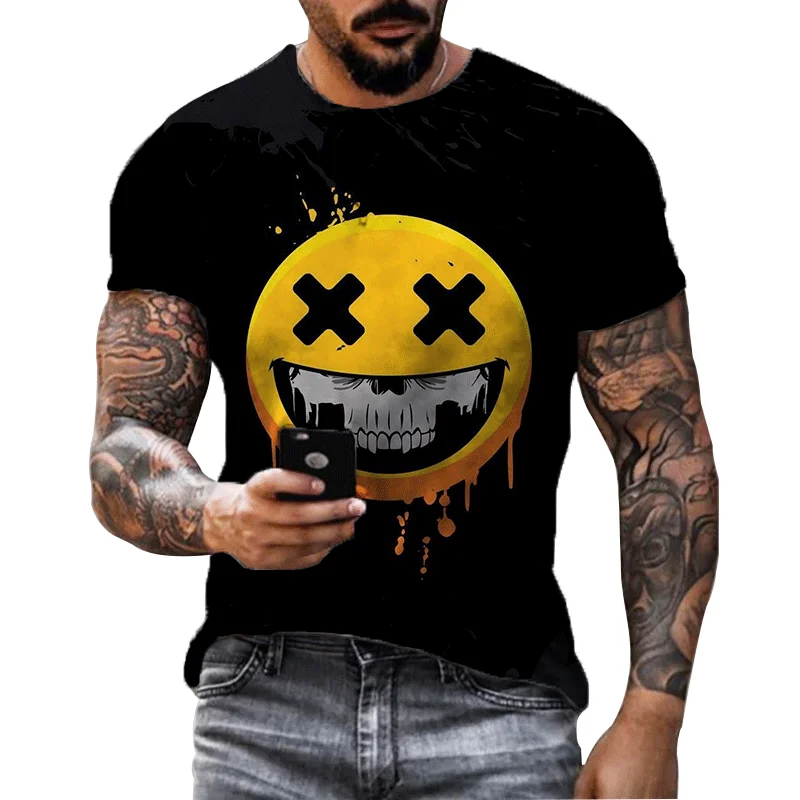 

3D Yellow Emoticon Printed Men's T-shirt Personalized Black Short Sleeve XOXO Graffiti Top Summer Casual O-Neck Sweatshirt Men's