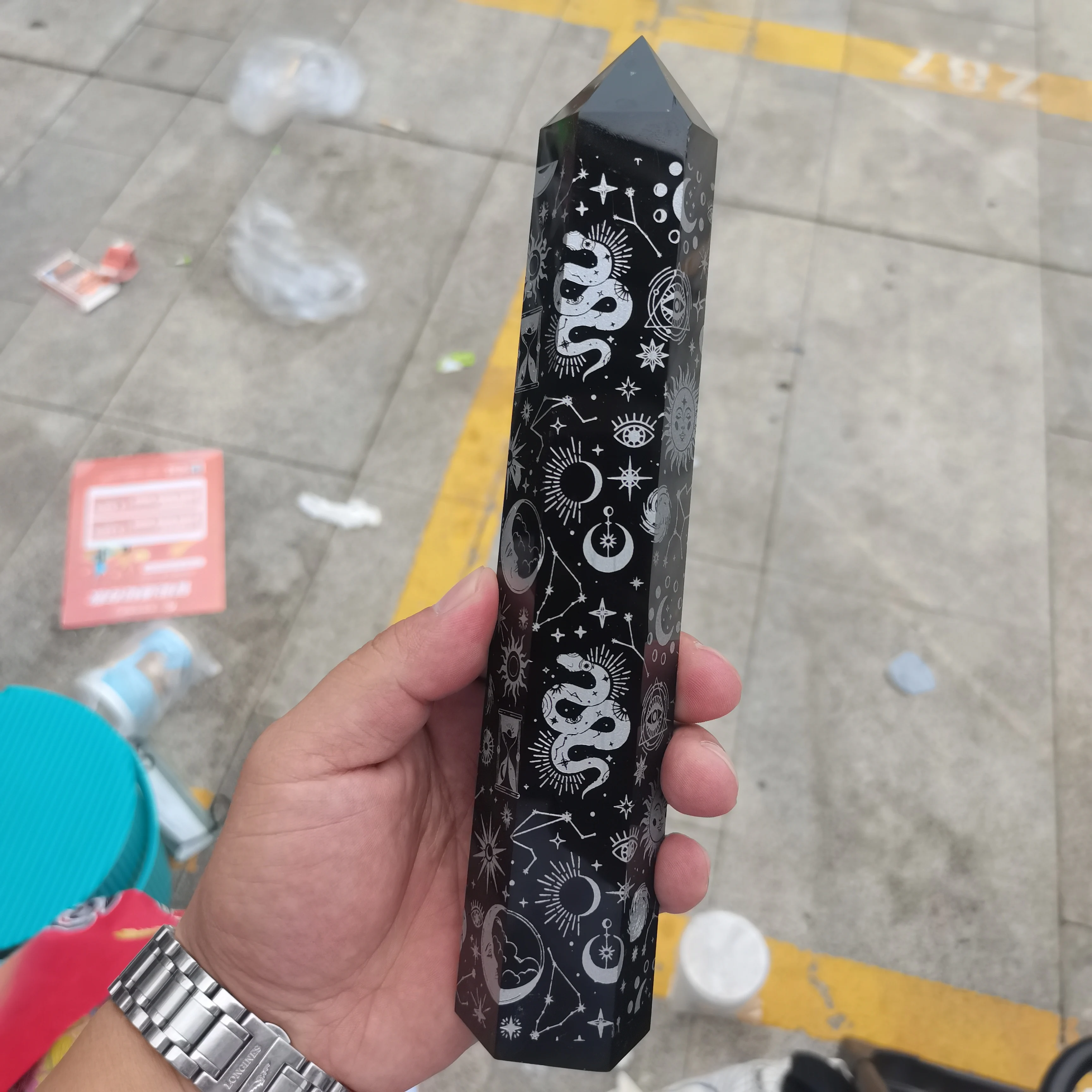 

Length 20cm 100% Natural Carved Wand Obelisk Obsidian Crystal Point Seven Chakras Reiki Healing Energy Stone Gift 1pcs