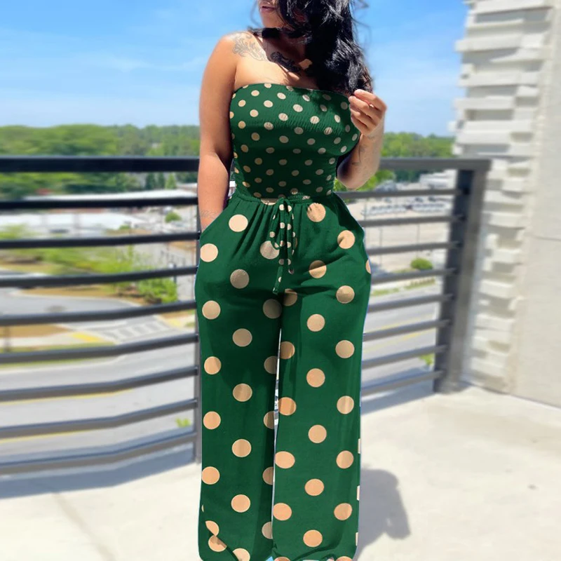 Fashion Dots Print Women Jumpsuit Summer Sexy Wrap Blouse Pocket Belt Wide-Leg Loose Rompers Casual Sleeveless Lady Playsuits
Fashion Dots Print Women Jumpsuit Summer Sexy Wrap Blouse Pocket Belt Wide-Leg Loose Rompers Casual Sleeveless Lady Playsuits