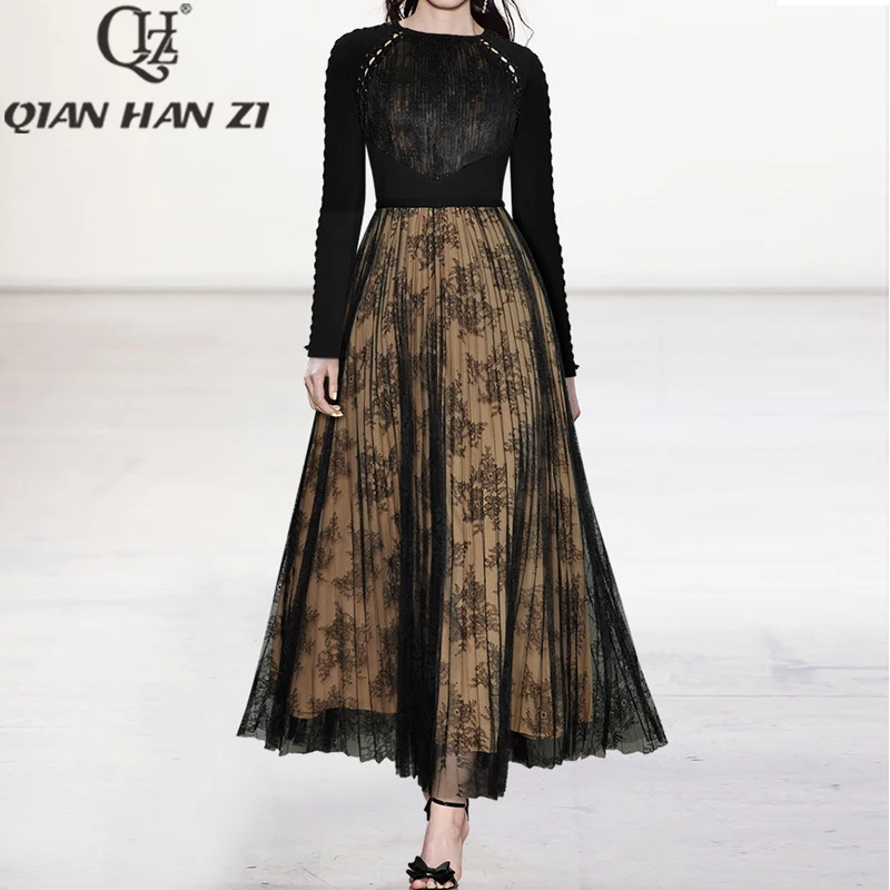 QHZ Designer Fashion Runway maxi dress Women Long sleeves Vintage Embroidered lace Splicing Drawstring Slim party Long dress
QHZ Designer Fashion Runway maxi dress Women Long sleeves Vintage Embroidered lace Splicing Drawstring Slim party Long dress