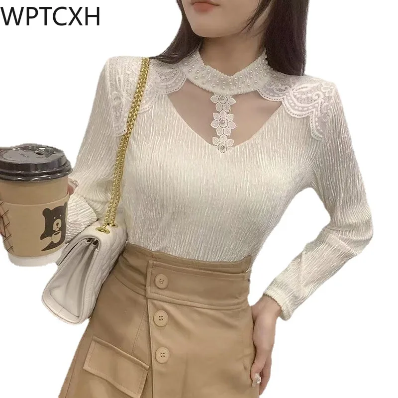 

Fashion Splicing Beading Lace Tops Elegant Female Hollow Out Blouses Princess Long Sleeve Shirts Women Clothing Spring Autumn