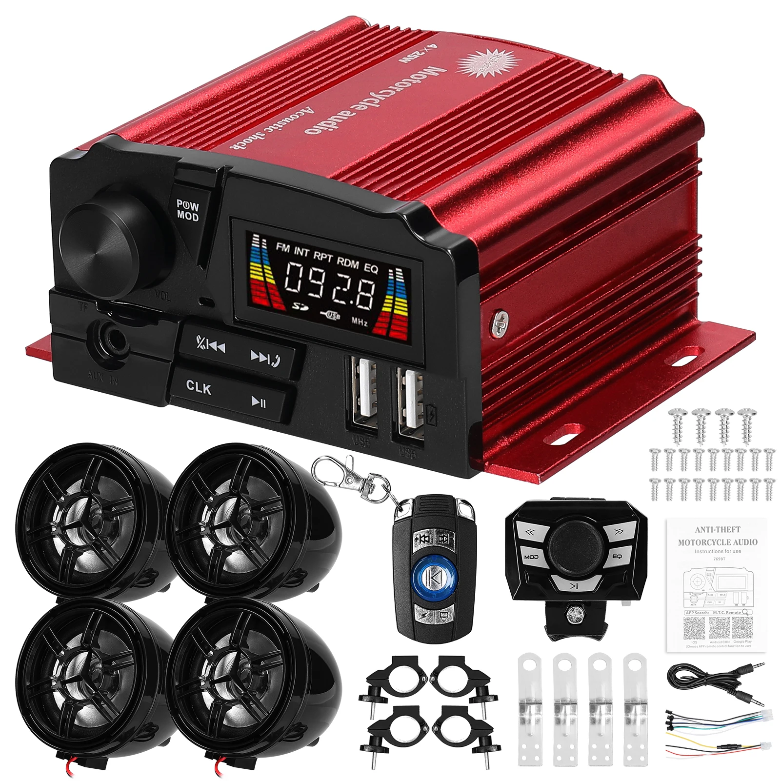 Поддержка громкой связи, FM-радио, USB/TF-карта/AUX, воспроизведение, USB зарядка для 12В мотоцикла, электрических велосипедов, квадроциклов
Поддержка громкой связи, FM-радио, USB/TF-карта/AUX, воспроизведение, USB зарядка для 12В мотоцикла, электрических велосипедов, квадроциклов