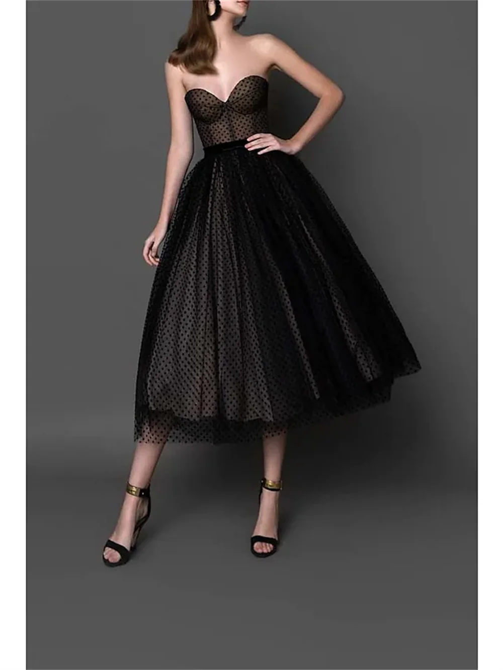 

Бальное платье, Элегантное коктейльное платье для встречи выпускников, женское черное платье без бретелек, без рукавов, длиной ниже колена, тюль в горошек, 2024, изготовление на заказ