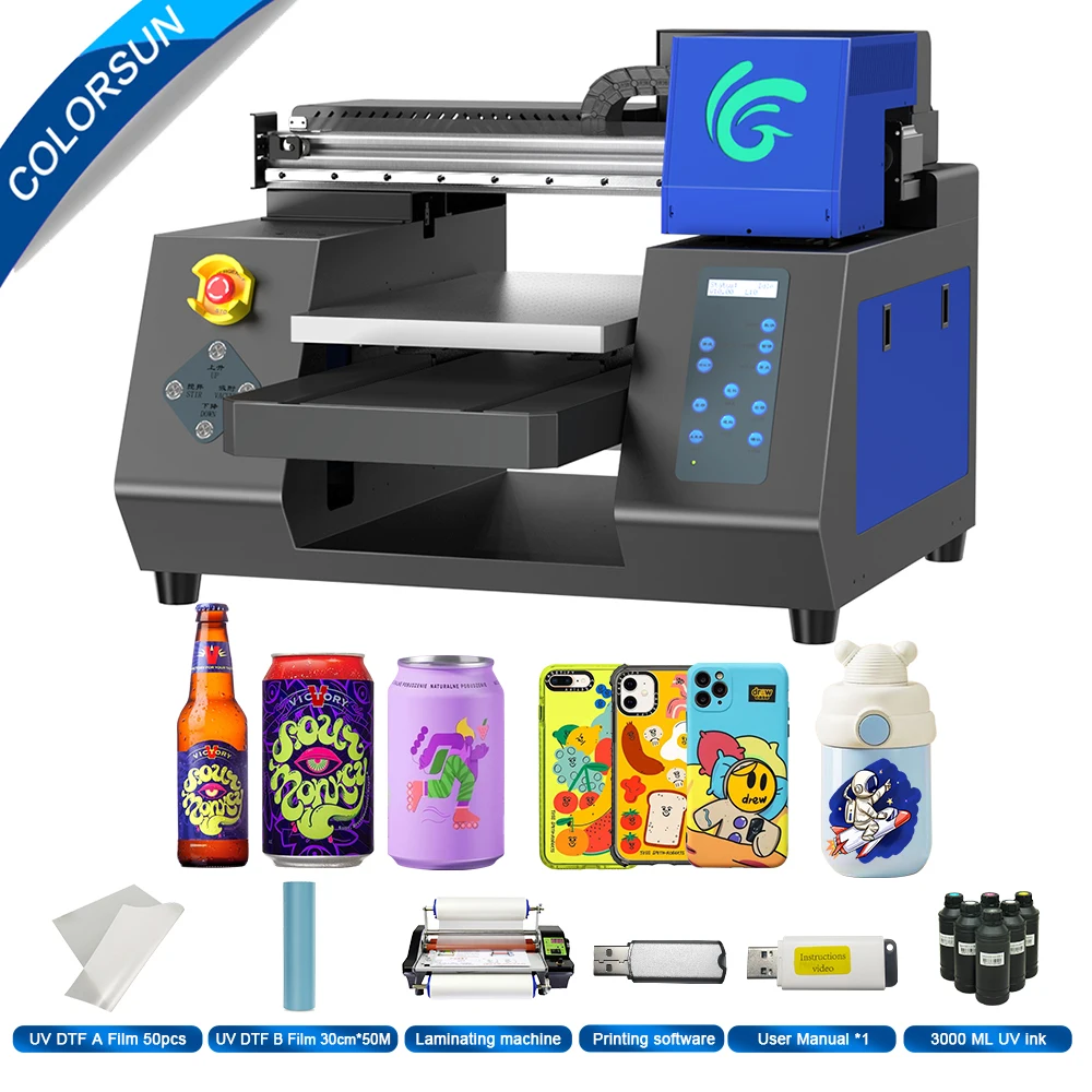 

Colorsun A3 UV DTF Printer XP600 UV DTF Printing Machine LED UV Flatbed Printer for Phone Case Cylinder Bottle Metal Acrylic