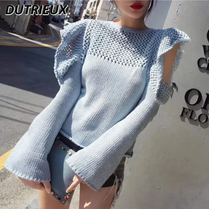 

Off-the-Shoulder Sweater for Women Spring Autumn New Bell Long Sleeve Gray Blue Round Neck Hollow Short Knitted Pullover