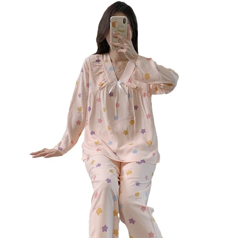 

Sweet and Wearable V-neck Nightgown Long Sleeve Trousers Two-piece Set Thin Print Cotton Silk Pajamas Home Clothing for Women