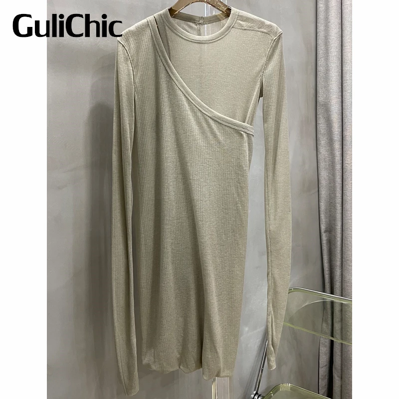 

9.21 GuliChic Women Chic High Street Solid Color Stretch Slim Knitted Long Sleeve Tee A Variety Of Wearing Methods T-Shirt