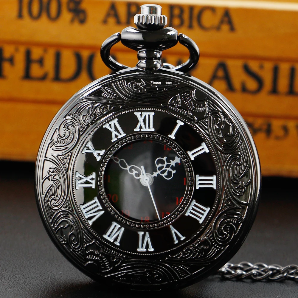 

Black Roman Numerals Vintage Quartz Pocket Watch Steampunk Men Women Pendant with Chain Gifts CF1018