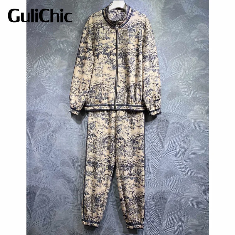 10.12 GuliChic Women Temperament Vintage Print Stand Collar Zipper Jacket + Elastic Waist Pants Casual 2 Piece Set Female
10.12 GuliChic Women Temperament Vintage Print Stand Collar Zipper Jacket + Elastic Waist Pants Casual 2 Piece Set Female