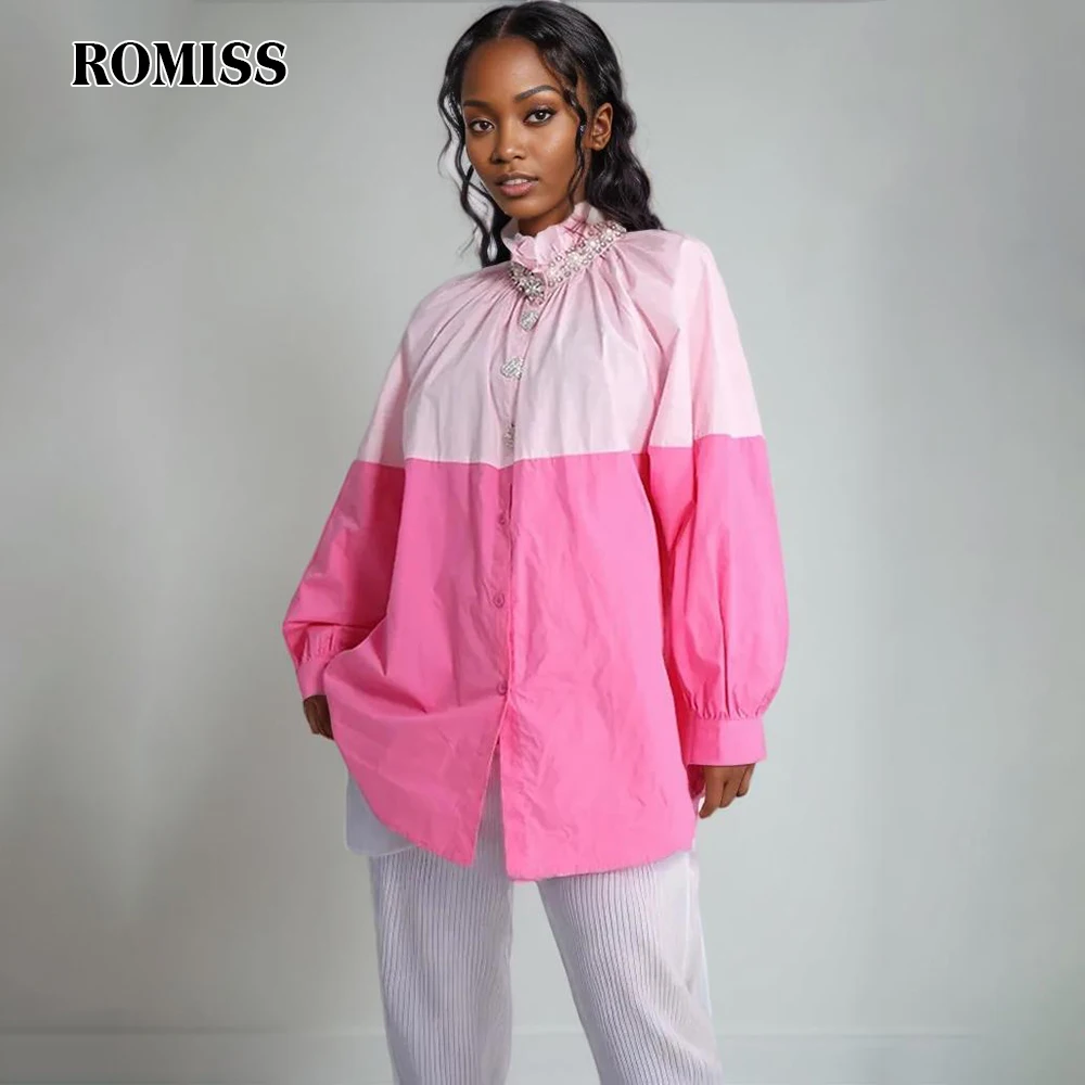 

ROMISS Casual Hit Color Shirts For Women Stand Collar Long Sleeve Spliced Single Breasted Loose Blouses Female Spring Clothing