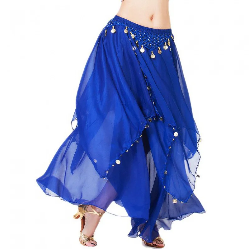 

Women Belly Dance Long Skirt with Coins Chiffon Belly Dancer Costumes Layered Skirt Party Festival Costume