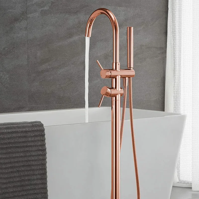 

Rose Gold/Brushed Grey Floor Mount Bathtub Faucet Bathroom Bath Water Mixer Tap Faucets Double Handles with Hand Shower Brass