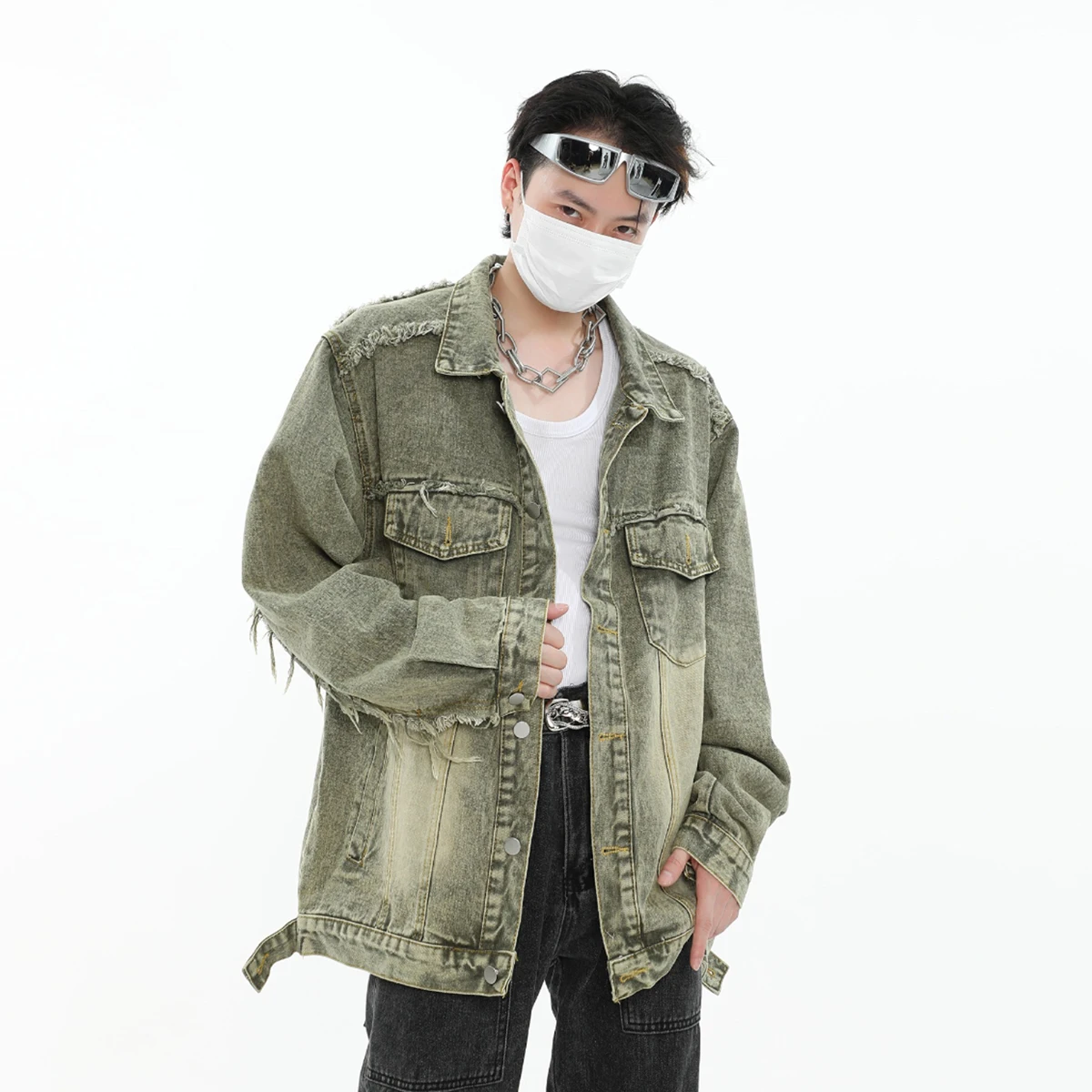 

Vintage Washed Destroyed Jeans Jackets for Men Raw Edge Ripped Distressed Denim Jackets Coats Street Wear Oversize Male Clothing