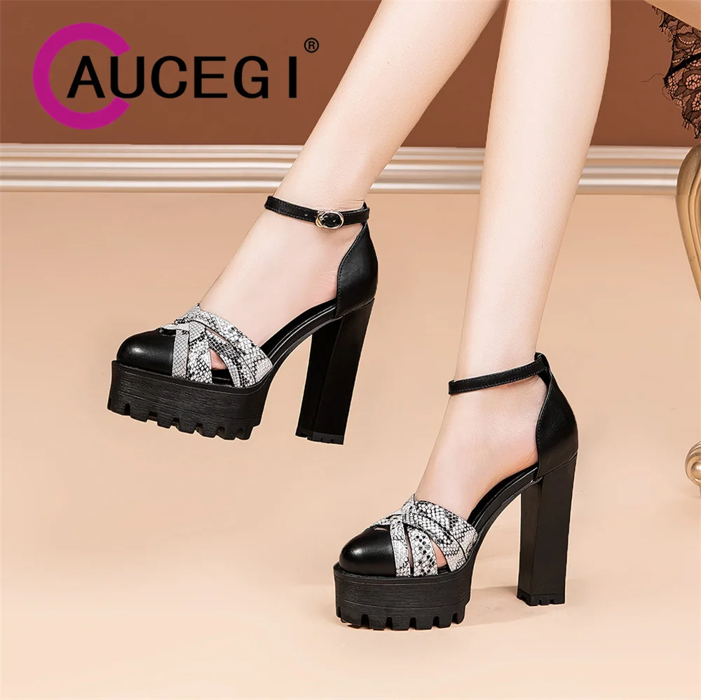 

Aucegi New Summer Women Platform Chunky High Heel Pumps Mixed Color Genuine Leather Buckle Ankle Strap Round Toe Party Shoes