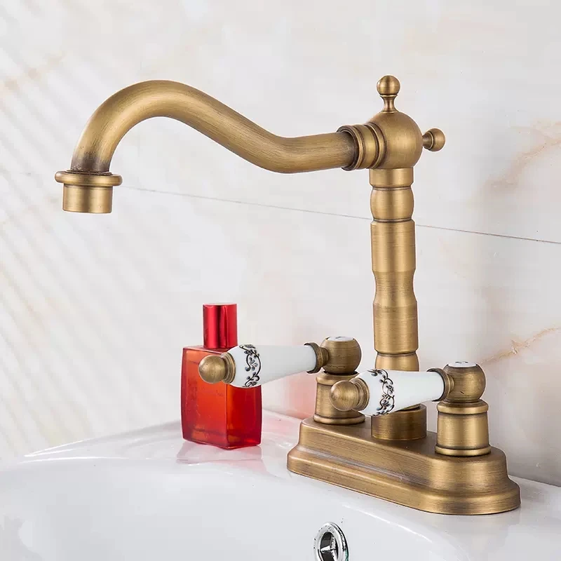 

Widespread Basin Faucet Bathroom 4 Inch Hot Cold Water Mixer Crane Deck Mounted Bath Tap Basin Mixer Brass Antique Bronze