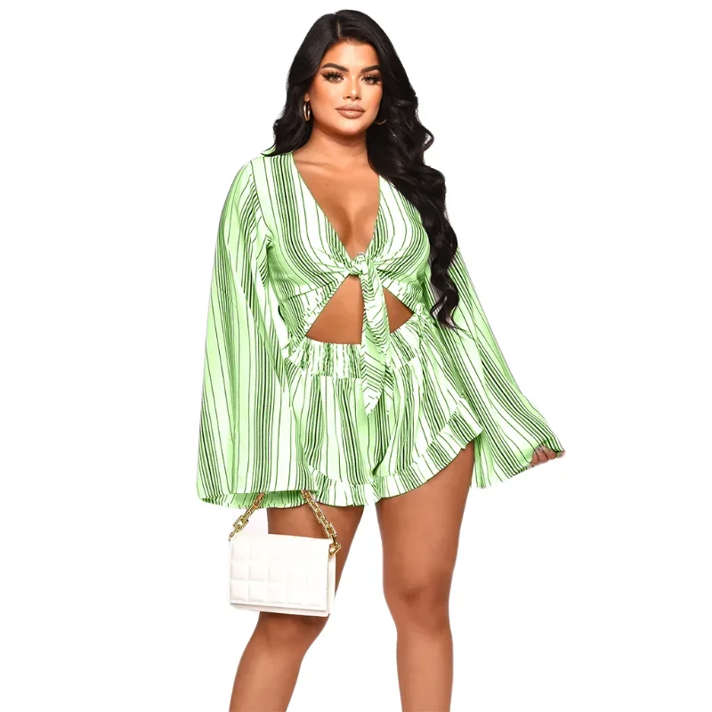 

KEXU Striped Bowknot V-neck Cutout Waist Ruffles Flare Romper Women Jumpsuit 2023 Summer Beach Boho One Piece Set Playsuit