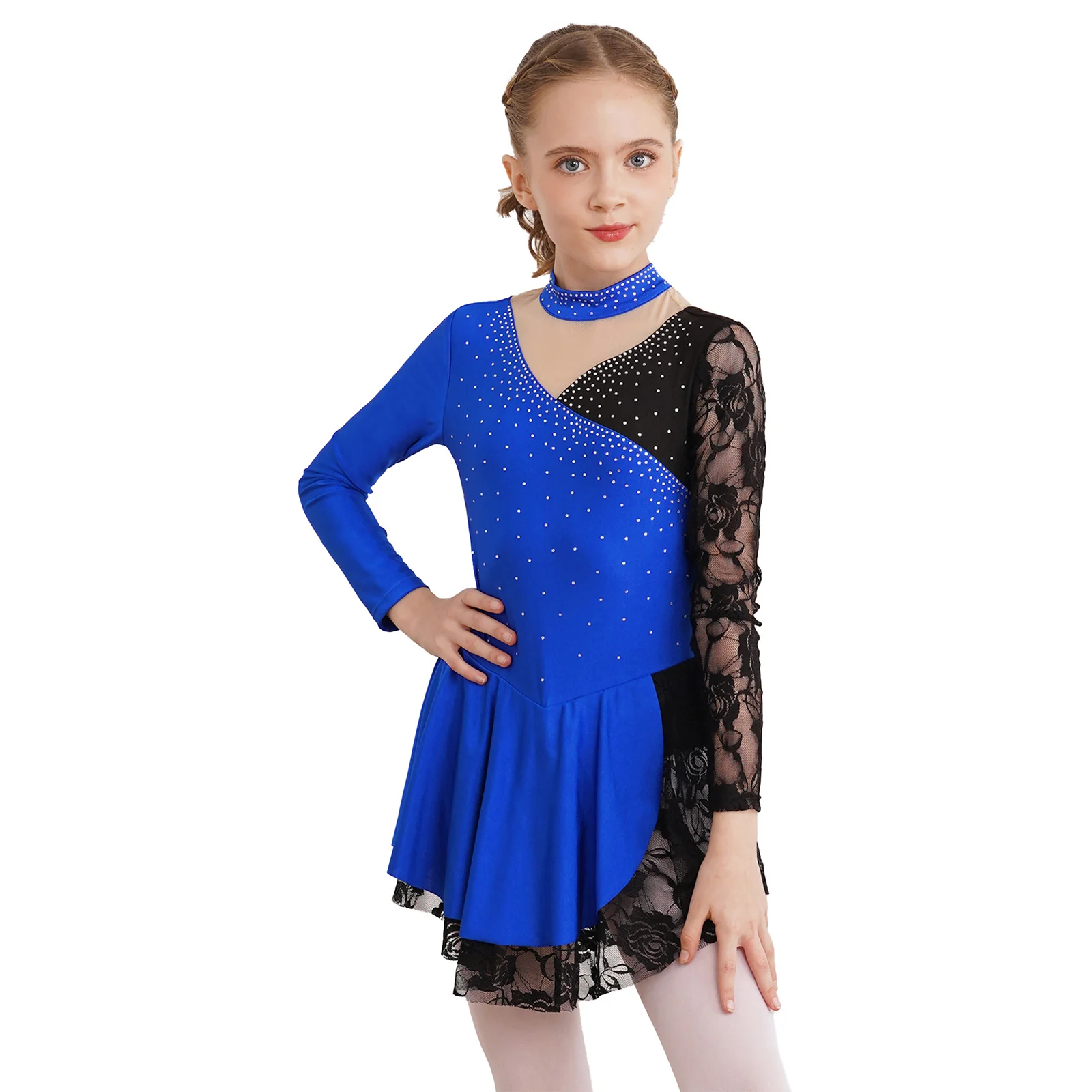 

Kids Girls Lyrical Dance Performance Costume Sparkly Rhinestones Floral Lace Patchwork Dress Color Block Long Sleeve Dresses