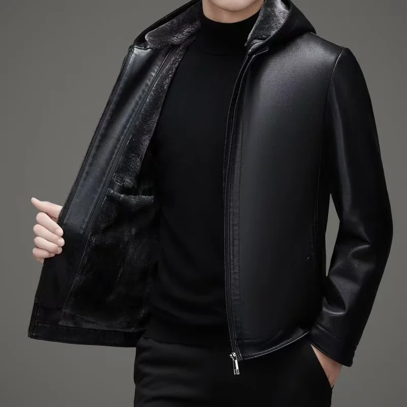 سترة شتوية من الجلد الطبيعي الراقية مع سترة جلدية بغطاء للرأس من الفرو وسترة فرو سميكة للرجال سترة شتوية من الجلد الطبيعي الراقية مع سترة جلدية بغطاء للرأس من الفرو وسترة فرو سميكة للرجال