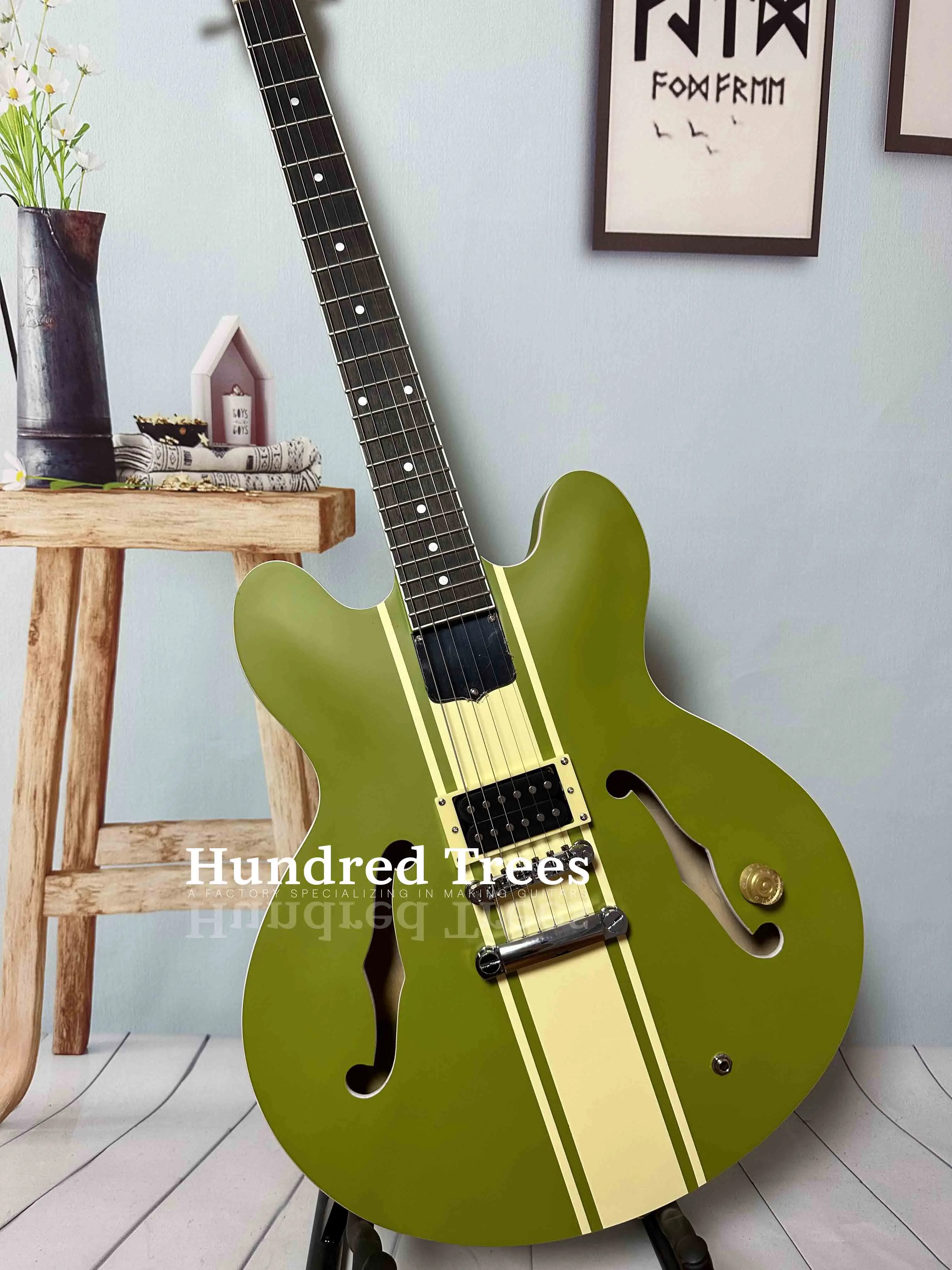 

military green jazz electric guitar, classic inlay, in stock supply, fast shipping