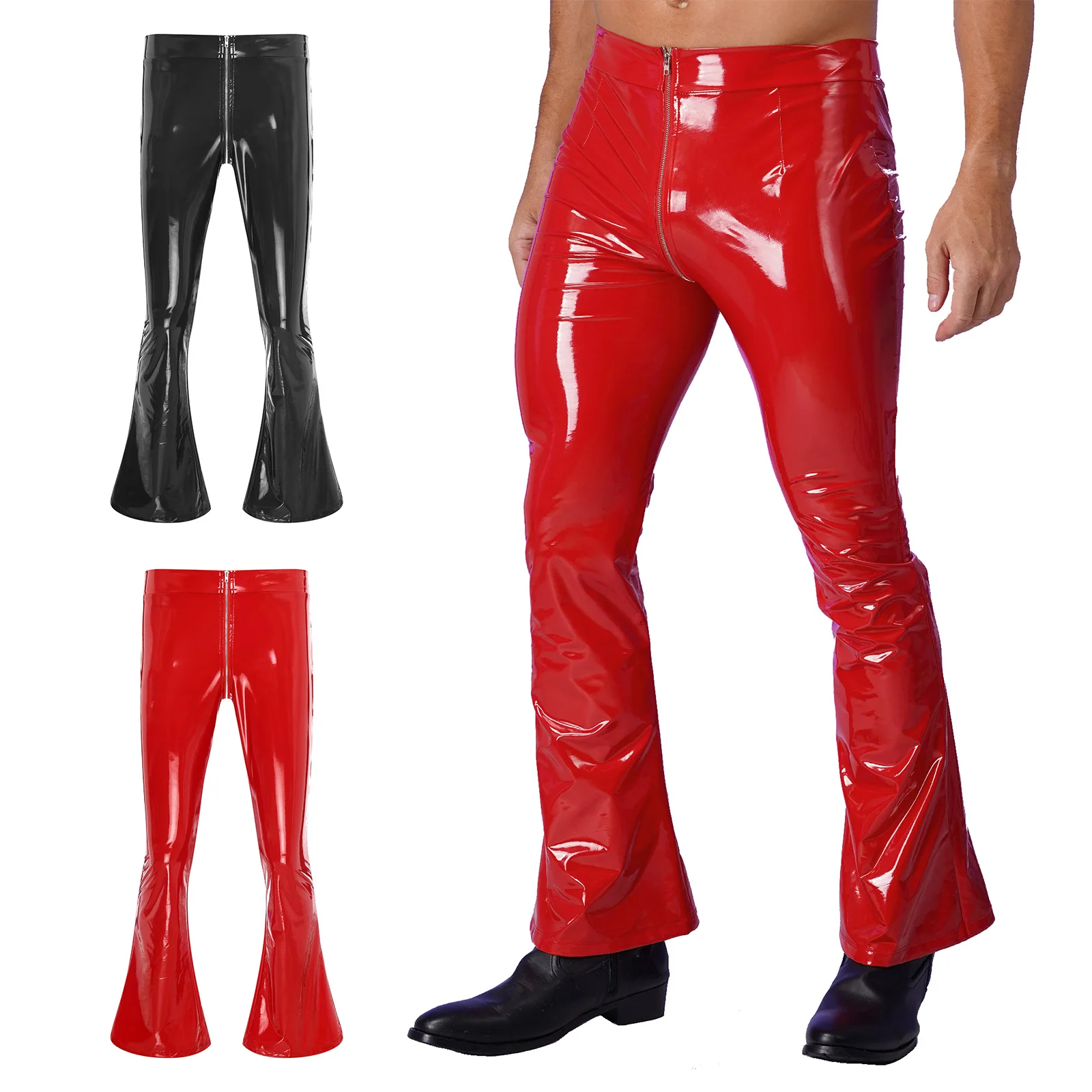 Mens Patent Leather Bell Bottom Pants Wet Look Pants Zipper Crotch Glossy Flare Pants Costumes for Nightclub Halloween Cosplay 
Mens Patent Leather Bell Bottom Pants Wet Look Pants Zipper Crotch Glossy Flare Pants Costumes for Nightclub Halloween Cosplay