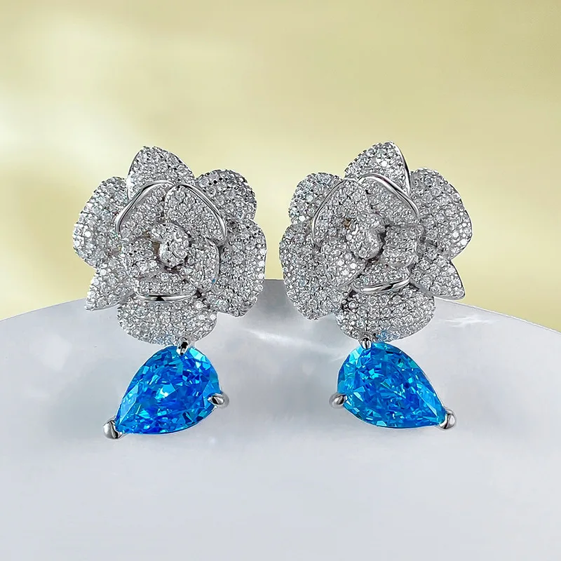 

New Jewelry Shallow Sea Blue Zircon 7 * 10 Pear Shaped Ice Flower Cut Rose Earrings 925 Silver Versatile Earrings, Small
