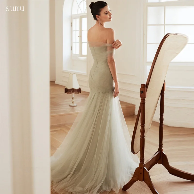 Off Shoulder Pleated Prom Dresses Mermaid Sleeveless vestidos de noche Tulle Floor-Length Formal Evening Customized 4