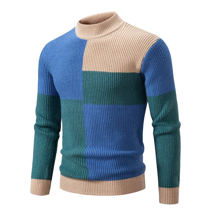 

Sweater Men Slim Casual Pullover Autumn Winter Knitwear Man Men's Mock Neck Pullover Youthful Vitality Fashion Patchwork Knitted