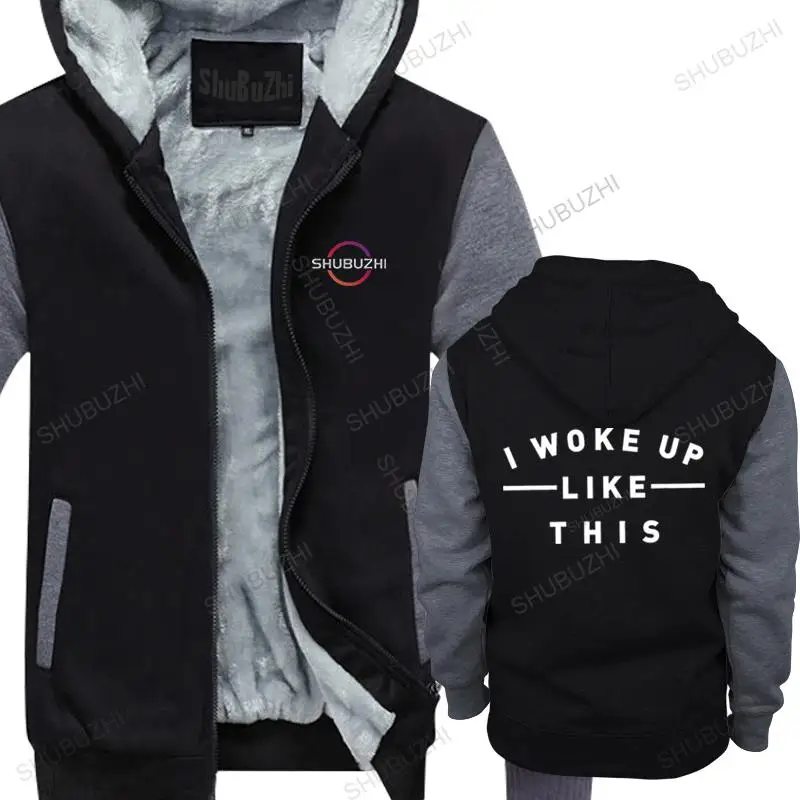 

winter mens black warm hoodie I Woke Up Like This warm hoodie Viral Celeb Inspired Unisex Fashion Slogan Top Cotton hooded coat