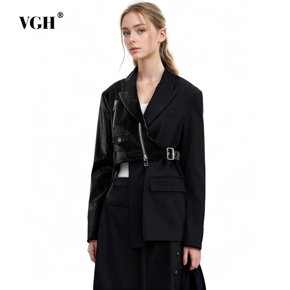 

VGH Solid Spliced Leather Casual Blazer For Women Notched Collar Long Sleeve Patchwork Zipper Asymmetrical Blazers Female New