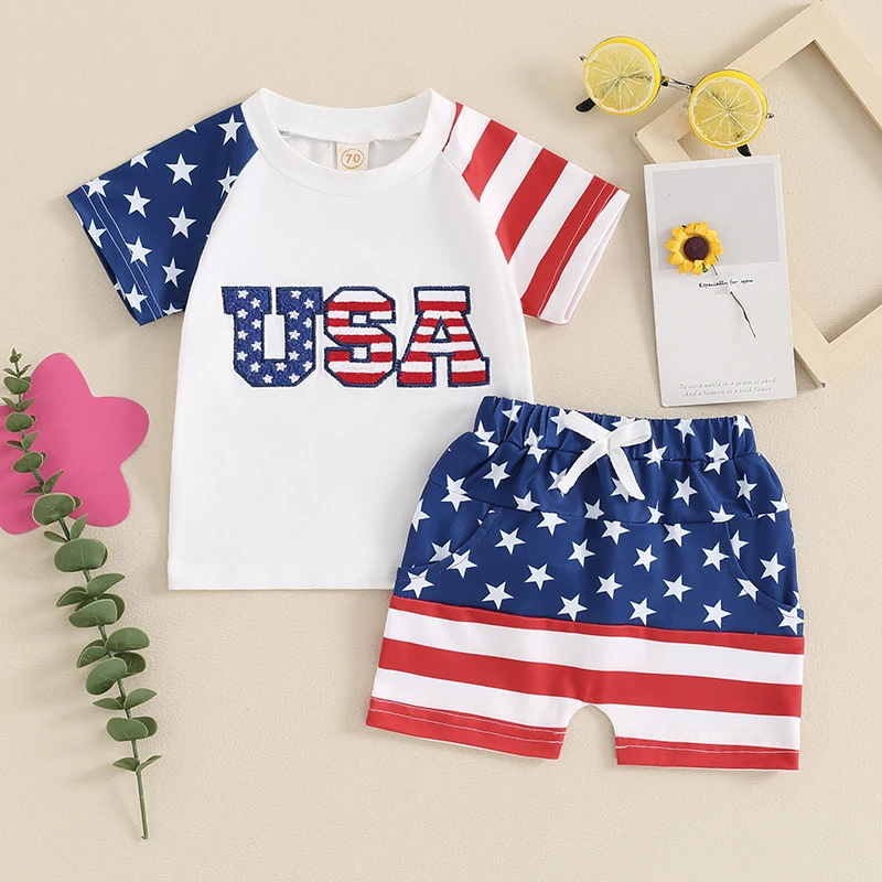 

2024-03-12 Lioraitiin Baby Boy 4th of July Clothes Set Short Sleeve Letter Print T-shirt with Stars Stripes Short Summer Outfit