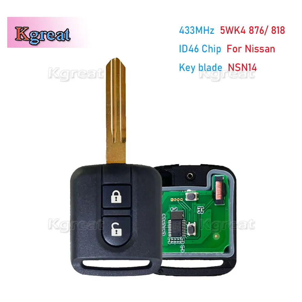 Kgreat 2 Buttons Remote Key 5WK4 876/ 818 433MHz ID46 Chip Key Fob for Nissan Elgrand X-TRAIL Qashqai Navara Micra Note NV200
Kgreat 2 Buttons Remote Key 5WK4 876/ 818 433MHz ID46 Chip Key Fob for Nissan Elgrand X-TRAIL Qashqai Navara Micra Note NV200