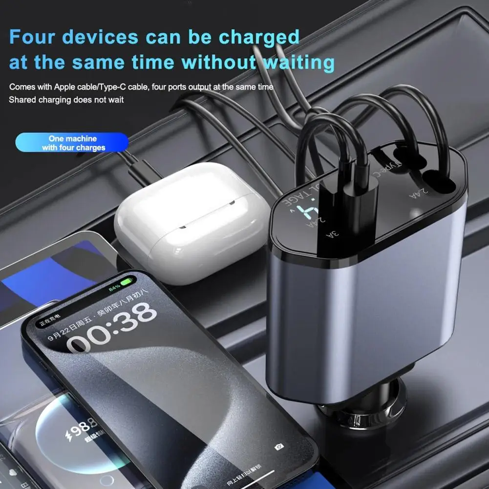

4 In 1 120W Retractable Car Charger Wired For IPhone Samsung IPad USB C Cable For IP/Type-C Super Fast Charging Car Adapter