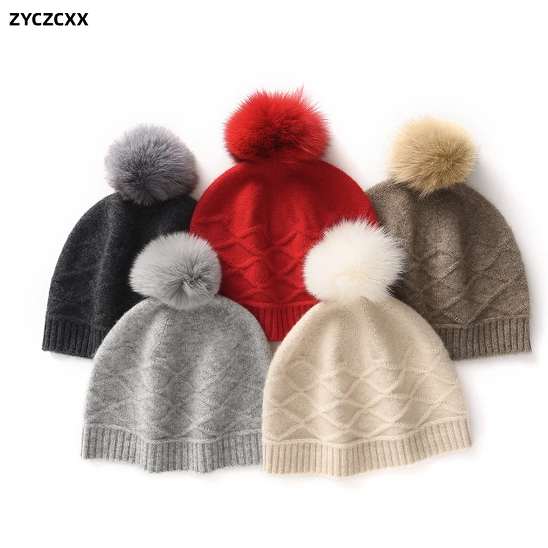 

High Quality New Knitted Hat for Women Winter Hat Cashmere Luxury Beanies Skullies Real Fur Pom Hat for Girl Gorro Female Cap