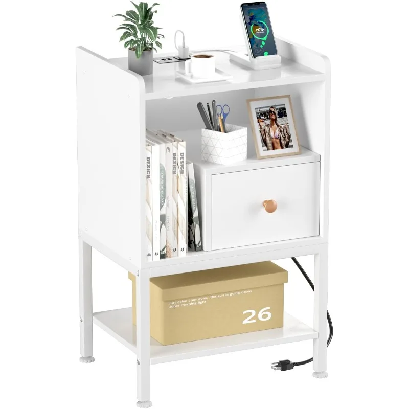 

Nightstand with Charging Station,Night Stand with USB Ports and Storage Drawer,Modern 3-Tier End Side Table,Small Wood Bedside