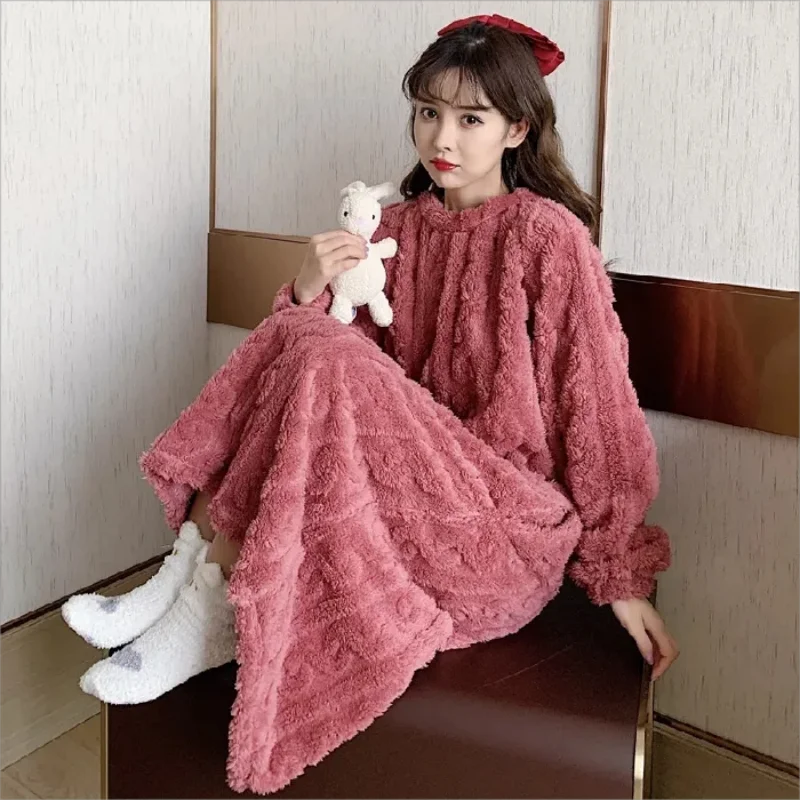 

Fall Winter Long Sleeve Nightgowns Women Solid Elegant Thick Warm Basic Tender Mid-calf O-neck Loose A-line Nightdress Flannel