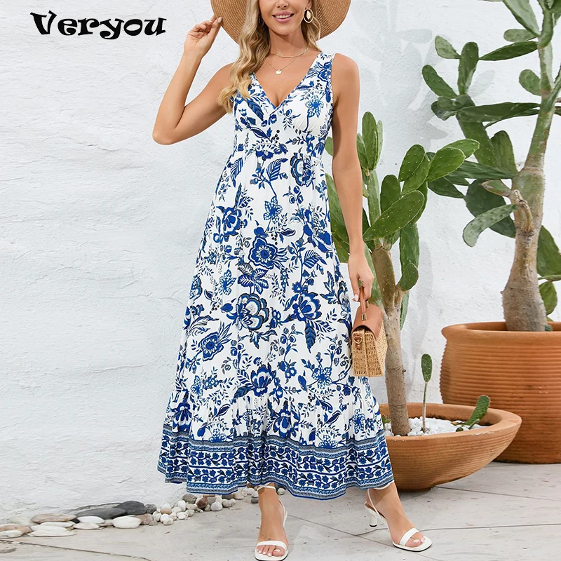 Летние Платья с цветочным принтом для женщин, Летнее Длинное платье, женские повседневные платья-трапеции без рукавов с V-образным вырезом в богемном стиле для женщин
Летние Платья с цветочным принтом для женщин, Летнее Длинное платье, женские повседневные платья-трапеции без рукавов с V-образным вырезом в богемном стиле для женщин