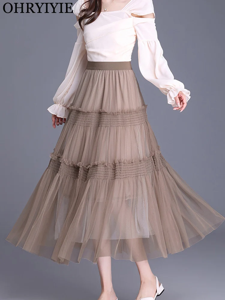 

OHRYIYIE Fashionable Maxi Long Tutu Tulle Skirt Women Korean Sweet A Line Skirt Winter High Waist Pleated Long Mesh Skirt Female