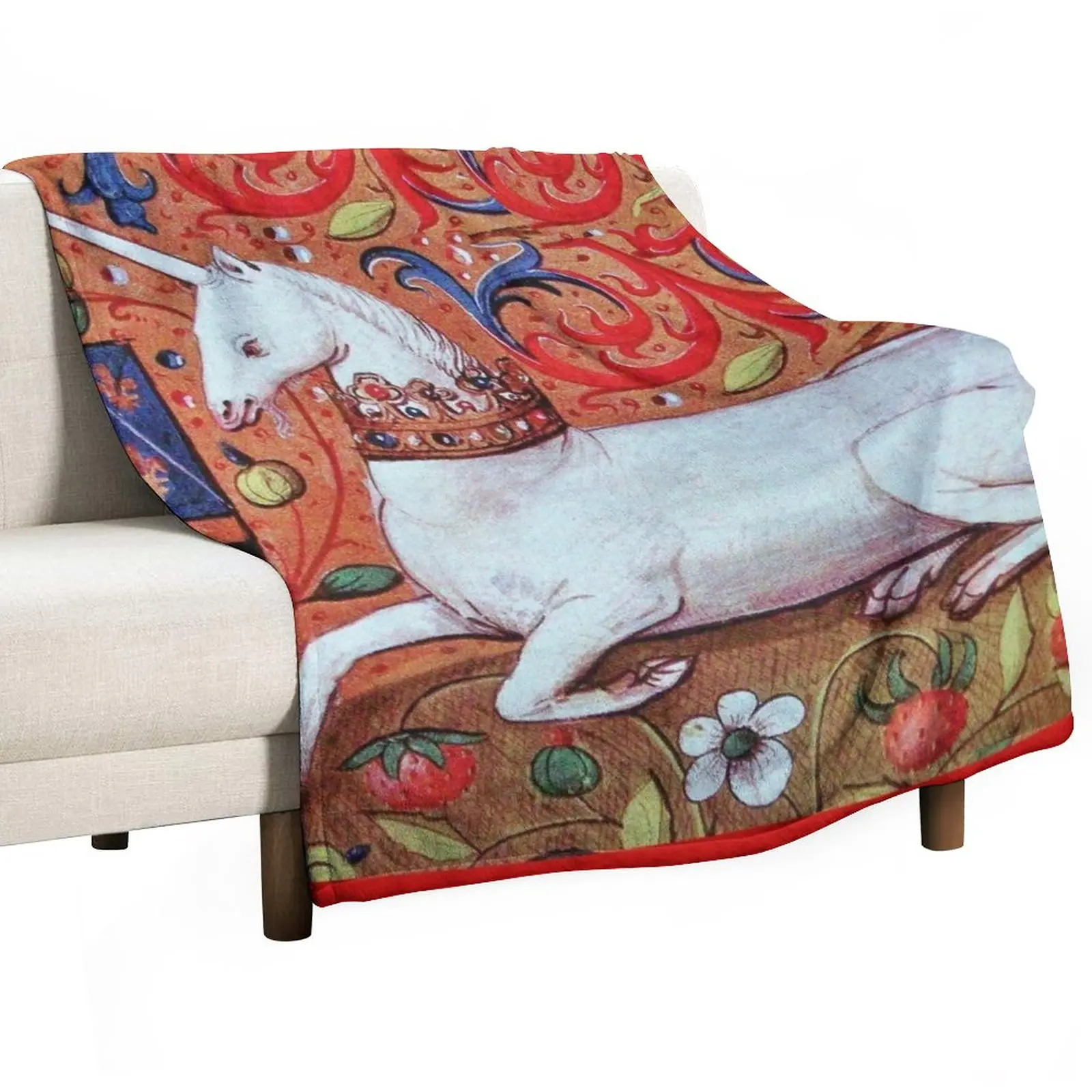 

UNICORN WITH RED BLUE WHITE FLORAL MOTIFS Medieval Miniature Throw Blanket Sofa Fluffy Shaggy Blankets