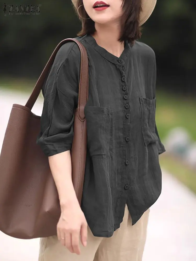 

2024 ZANZEA Summer Vintage 3/4 Sleeve Shirt Women Fashion Casual Loose Tunic Tops Solid Party Blusas Chemise Buttons Down Blouse
