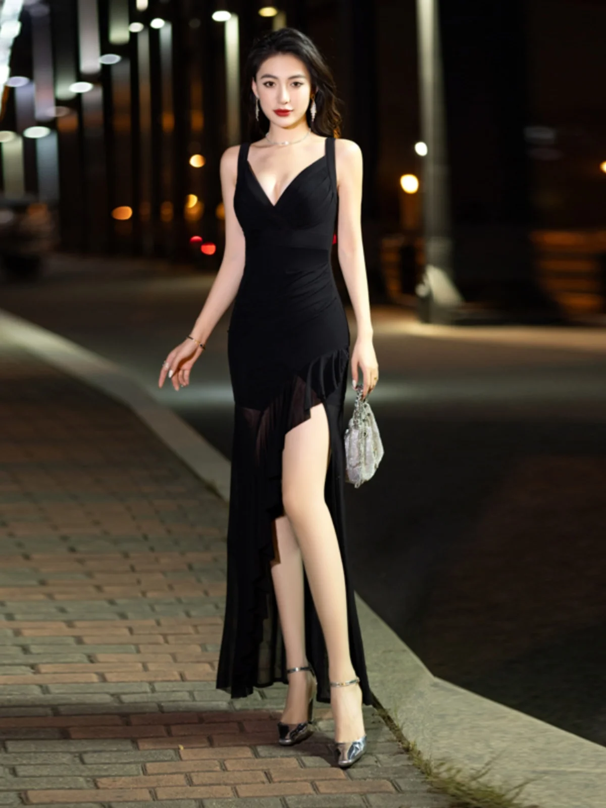 

Соблазнительное длинное черное Сетчатое платье с разрезом на лямках и ягодицах, соблазнительное вечернее платье с поясом для вечеринки в Социалистическом стиле, платье с грудью в стиле папера