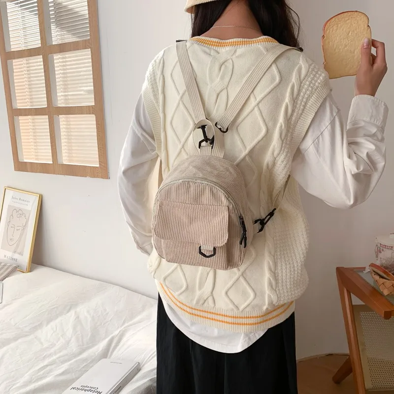 

New Traveling Backpacks Fashion Women Mini Backpack Solid Color Corduroy Small Backpacks Simple Casual Student Bookbags